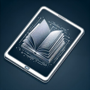 A line drawing logo with a novel book on tablet screen