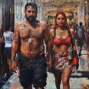 Dynamic painting.A sweaty beefy man walking with his 54 year old...