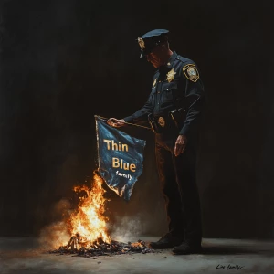 A deputy sheriff solemnly incinerating a "Thin Blue Line family”...