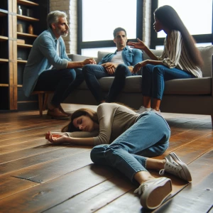 Woman passed out on floor while a man and a woman sit on couch, unconcerned.