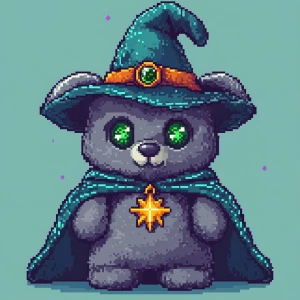 Create a pixel art character of a cute, grey teddy bear with lar...