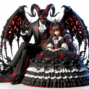 A girl named lilith with elegant gothic lolita dress sit on the lap of Handsome Lucifer with Black Horn, Msyterious Aura of Black and red, Lilith and Lucifer evil smirks, glowing eyes, 3D, High Res