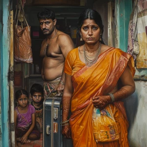 Realism art style,a 54-year-old Gujarati housemaid wearing a bri...