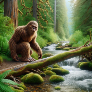 A Neanderthal-inspired Sasquatch with dense fur, positioned besi...