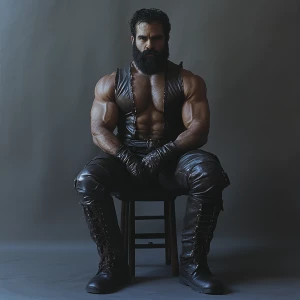 30 years old jet black hair trimmed beard bodybuilder, artist wi...