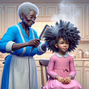 Create a realistic 3-D image of an african-American grandmother wearing a blue house dress. She is in the kitchen with her african-American granddaughter. Her granddaughter is wearing a pink dress The grandmother has a hot comb in her hand and she is straightening her granddaughters hair. One side of her granddaughters hair is in  a Afro the other straight 
There is smoke coming from the hot comb