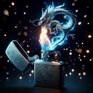 Photorealistic image of an antique silver lighter. The flame, bu...