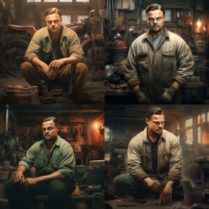 Leonardo DiCaprio as a mechanic in a garage with oil effect in a...