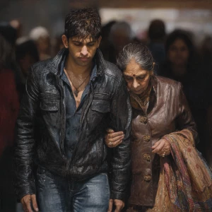 hyperrealism painting.a indian criminal sweaty young man ,walki...