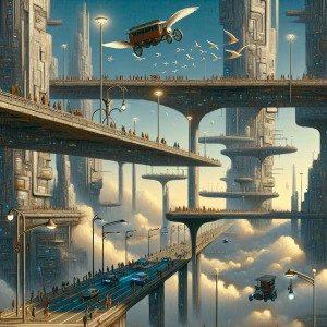 "Envision a surreal cityscape where cars drive along the sky, bi...