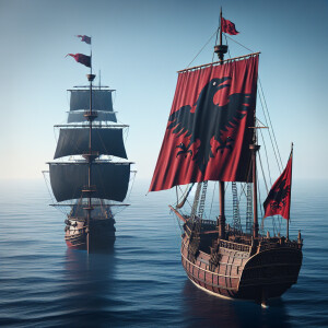 One ship is moored to another ship, on which hangs a flag with t...