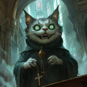 stylized, macabre demonic anthropomorphic cat with human-like fe...