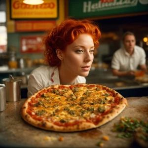 Ginger haired woman is a well done New Haven style pizza, funny,...