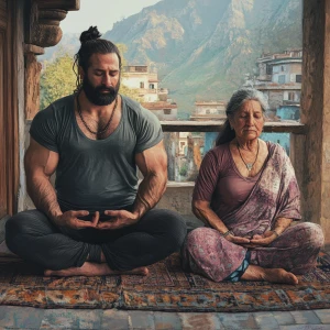 Photorealism,fantasy,A man muscular beefy sweaty doinga yoga sit...