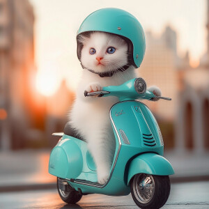 A white kitten wearing a helmet is riding a Vespa bicycle in the...