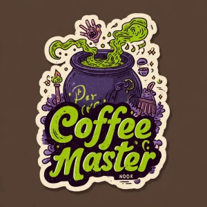 sticker design, hand-drawn wizard brewing coffee in a cauldron,...