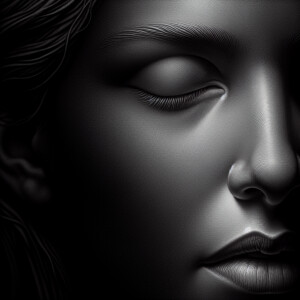 A grey shaded close up shot of a woman face with eyes closed. Le...