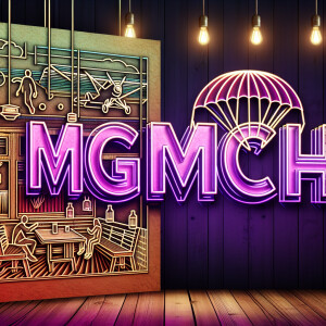 a three-dimensional « mgmdch »  font illuminated with purple bac...