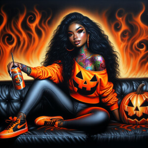 Create an airbrushed oil painting of a young Afro Latina woman,...