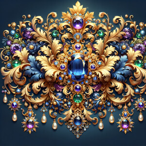 "Design an exquisite, baroque-style ornament composed of ornate gold scrollwork and flourishing acanthus leaves. Central to this design is a grand, oval-cut sapphire, surrounded by an intricate halo of smaller gemstones, including amethysts, emeralds, and pearls. Dangling elegantly from the central motif are various jeweled pendants and teardrop pearls, creating a sense of movement and opulence. The rich colors are set against a deep blue background, accentuating the gold's warm glow. Below this luxurious arrangement, the name 'KAREN' is displayed in an ornate gold script, reflecting the overall sumptuous aesthetic."