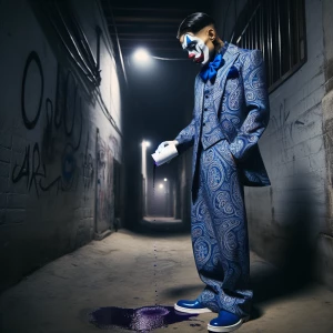 "In a dimly lit  alley, a gangster clown stands alone, draped in...
