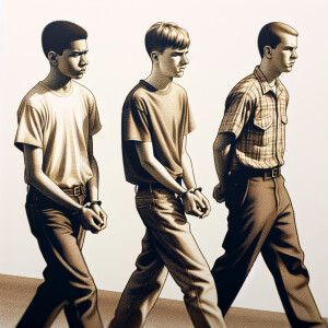 Three male Caucasian teenagers. walk. (((their hands behind thei...
