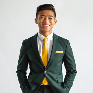 A man wearing a suit.

The Suit Color is Dark green

The Tie Col...