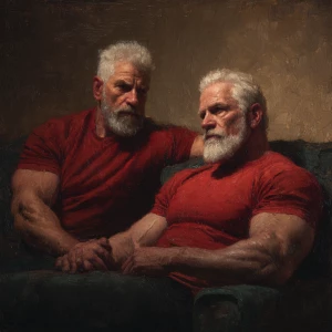 Two muscular, elderly bodybuilders, both with gray hair and bear...