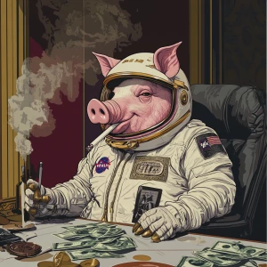 Cute cartoon pig in vintage white spacesuit and NASA style helme...