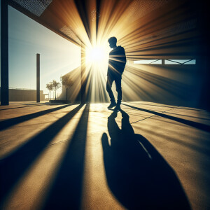 A silhouette of a person standing in a sunlit area, casting a sh...