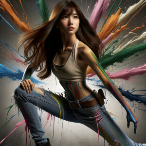 teenage girl, long brown hair and bangs, wearing tight skinny jeans and a halter top paint marks on her clothing, heroic pose Asian graffiti background, nearing on one knee