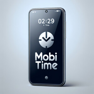Create a realistic logo with the text "MOBI TIME" and a picture...