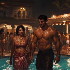 Fantasy art,a muscular beefy sweaty man walking with his 51 year...