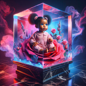 hyper realistic photogaphic painting of a crystal cube that exud...