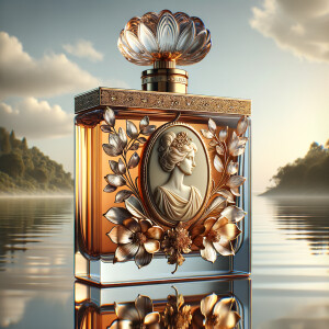 Craft an intricate digital artwork featuring an elegant perfume...
