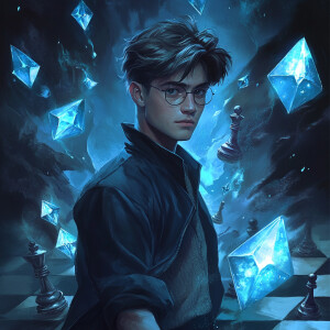 Harry Potter standing with short hair, surrounded by flying sky-...