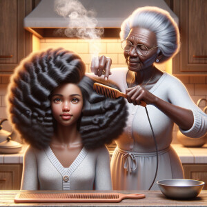 Create a realistic 3-D image of an african-American grandmother in the kitchen with her african-American granddaughter. The grandmother has a hot comb in her hair and she is straightening her granddaughters hair. One side of her granddaughters hair is in  a Afro the other is bone straight 
There is smoke coming from the hot comb