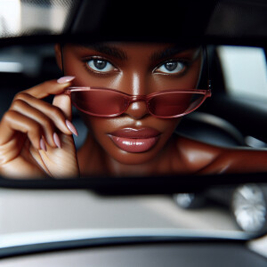 African American woman sittin car looking thru rear view mirror...