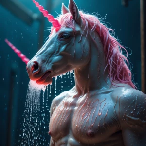 Imagine the unicorn man who’s taking a shower and he’s turned on ooze from his impressive horse dick making him shot that iridescent color cum of his all over his hairy pecs