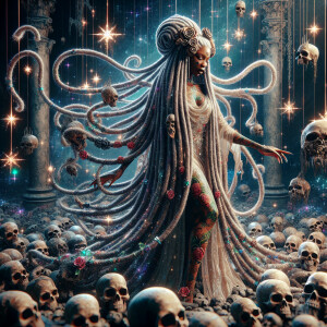 garden of doom, with skulls all around, divine 60s style pin up...