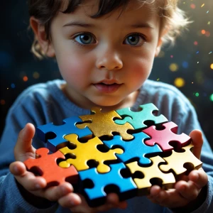 "Illustrate a young child gently holding a diverse group of puzz...