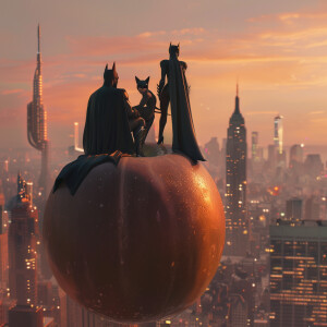 Create a hyper-realistic scene featuring a peach floating in fro...