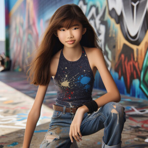 teenage girl, long brown hair and bangs, wearing tight skinny jeans and a halter top paint marks on her clothing, heroic pose Asian graffiti background, nearing on one knee