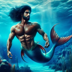 Create an image of a muscular merman with dark hair, a hairy che...