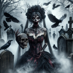 a horror core,dark-art demonic vampire bride,wearing a tattered...