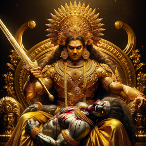 portrait of angry looking muscular goddess durga sitting on a go...