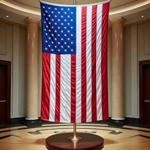 An American flag respectfully displayed, not touching the floor.