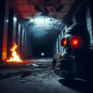 One scary gas mask very far away with red eyes in a destroyed bl...