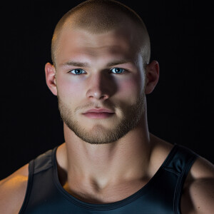 Create a man aged 24, image of a balding blonde haired steel blu...