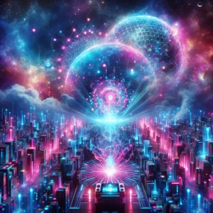 A pulsating, holographic space metropolis shines in vivid hues o...